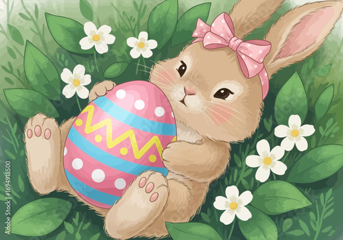 Vector art of adorable easter bunny with a pink bow, holding a colorful decorated egg, surrounded by green grass and white flowers, spring celebration