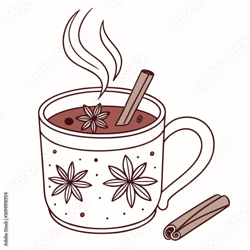 Steaming mug of hot chocolate with cinnamon stick and star anise Keywords: hot chocolate, mug, drink