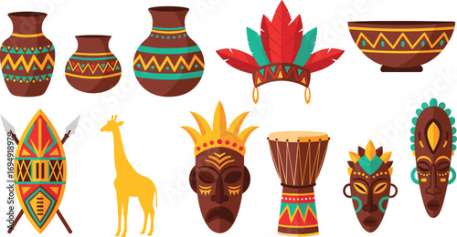 African Cultural Artifacts with Tribal Masks, Clay Pots, Headdress, Drum, Shield, Spears and Giraffe in Traditional Vector Illustration