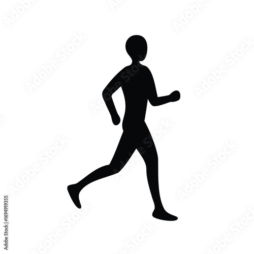A simple silhouette of a person running with determined pace and focus
