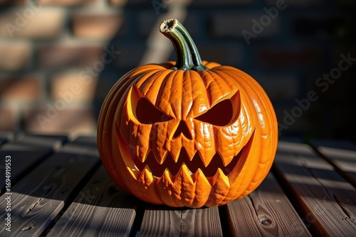 Gnarled Halloween pumpkin sits on weathered wooden planks, ominous shadows accentuate its carved features, spooky, october, wood