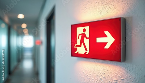 Illuminated red emergency exit sign mounted on office wall showing running man icon and right arrow. Provides clear guidance for evacuation routes and safety compliance in modern building hallways.