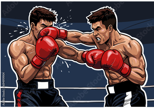 Punch to the jaw: illustration of a tense boxing confrontation in the ring during a fight