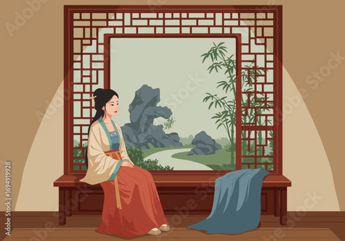Young woman sitting by traditional Chinese window with scenic view  
