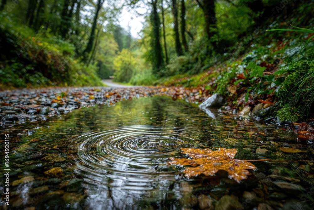 Fototapeta premium Autumn puddle in a forest path