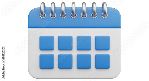 spiral-bound calendar icon with eight blue squares, symbolizing planning, scheduling, and organization
