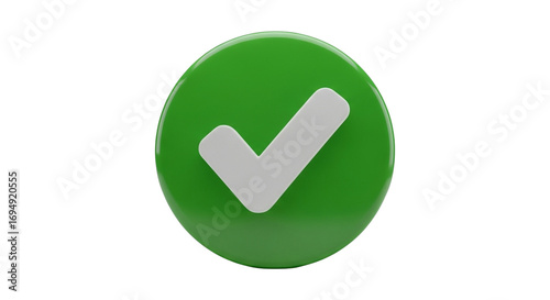 The image features a glossy green circular button with a white checkmark, symbolizing success, confirmation, and validation
