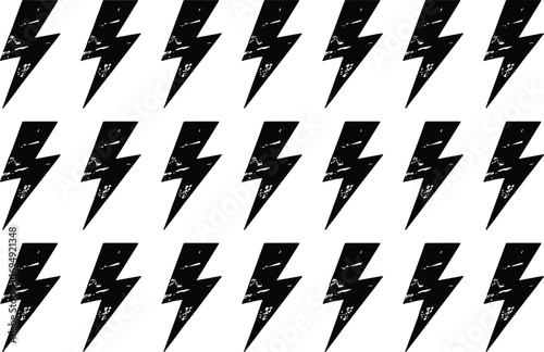 Seamless lightning bolt pattern, black thunderbolt symbol, grunge electric power energy icon, electricity flash background, punk rock graphic design