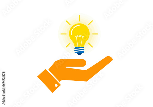 Vector art of orange hand holding a glowing yellow light bulb, symbolizing a new idea or innovation