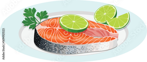 Fresh Raw Salmon Steak with Lime and Parsley on White Plate, Healthy Seafood Meal Concept in Realistic Vector Food Illustration