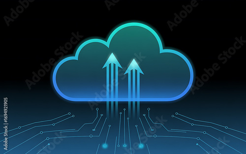 Futuristic glowing cloud hologram symbolizing data upload and digital information storage