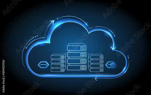 Futuristic blue cloud computing hologram with server racks glowing digital data network technology
