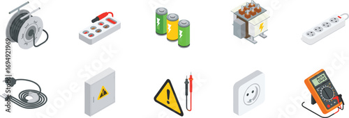Isometric electrical components and tools set including wire, power strip, multimeter, batteries, fuse box, caution signs for engineering use