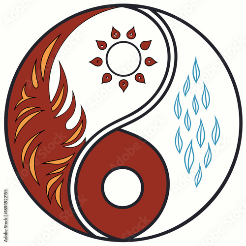 Vector art of yin yang symbol with fire, sun, and water elements, representing balance and harmony