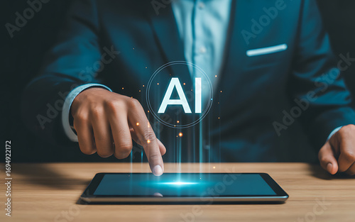Futuristic ai hologram glowing above tablet interface interacting with technology