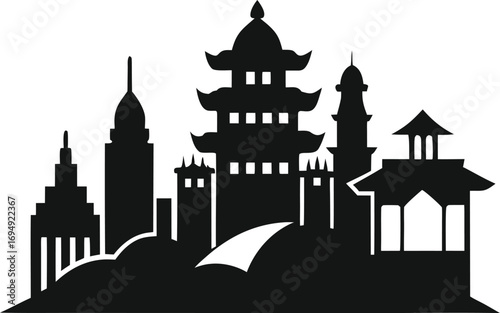 Detailed Silhouette of an Asian Inspired Cityscape with Intricate Buildings and a Peaceful, Serene Ambiance Creating a Visually Striking Composition