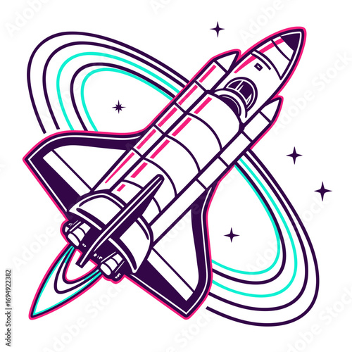 Illustration of a space shuttle flying through the rings of a planet