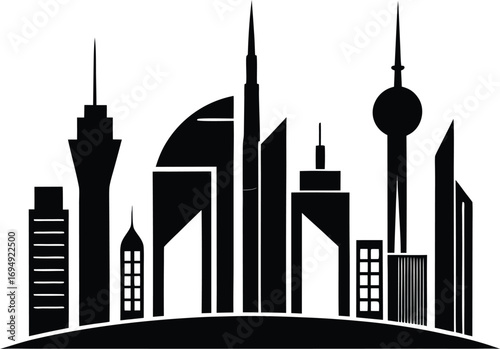 Stylized Cityscape Silhouette with Diverse Architectural Designs and Contrasting Shapes A Modern Black and White Vector Illustration