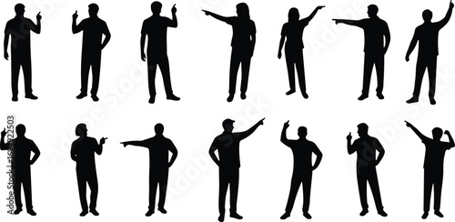 Silhouettes of men and women pointing and posing, gesture icons, business people, confident poses, vector silhouettes, communication gestures.