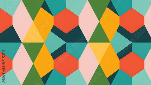 Vibrant geometric seamless pattern with interlocking shapes and bold color palette