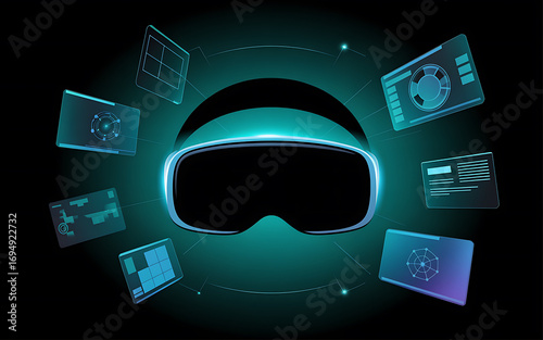 Futuristic glowing vr headset projecting holographic data and interfaces in a digital environment