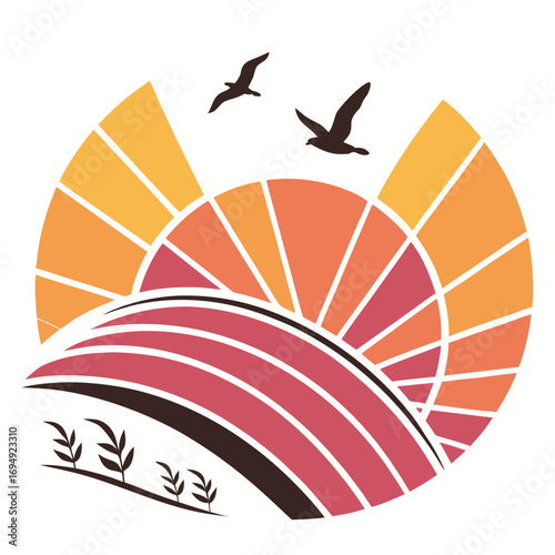 Vector art of stylized sunset over a field with birds flying, creating a peaceful rural scene