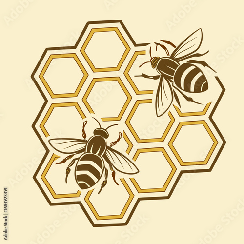 Vector art of two bees on a honeycomb, a charming illustration of natures sweet creation