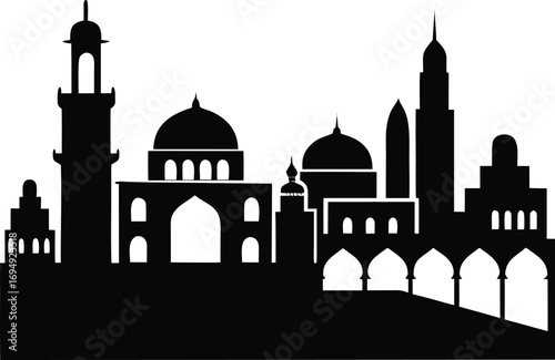 Striking Silhouette of a Middle Eastern Cityscape Embodying Cultural Heritage and Architectural Grandeur in a High Contrast Black and White Composition