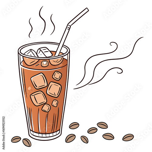 Iced coffee in a tall glass with ice cubes and a straw on white background drink beverage