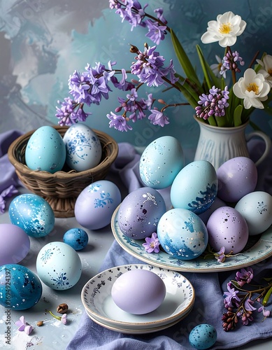 A still life arrangement of pastel-colored decorated eggs, vibrant purple hyacinths, and delicate white flowers, creating a serene Easter theme.