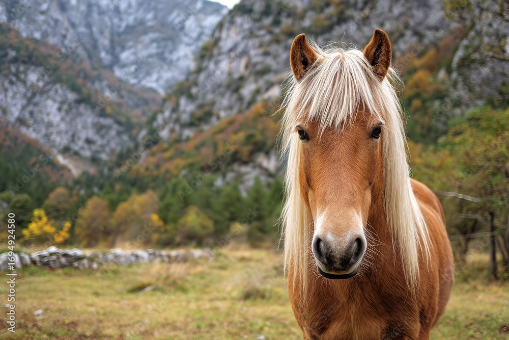 Obraz premium Majestic horse stands proudly in serene mountain landscape during autumn in the countryside