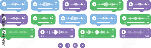 Modern colorful audio message player interface design, chat bubble voice recorder UI, podcast waveform sound bar template vector icon set