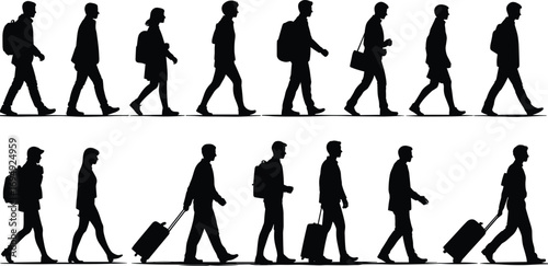 Silhouettes of walking people with luggage and backpacks, business travel vector illustration, commuter figures, black silhouette travelers clipart pack