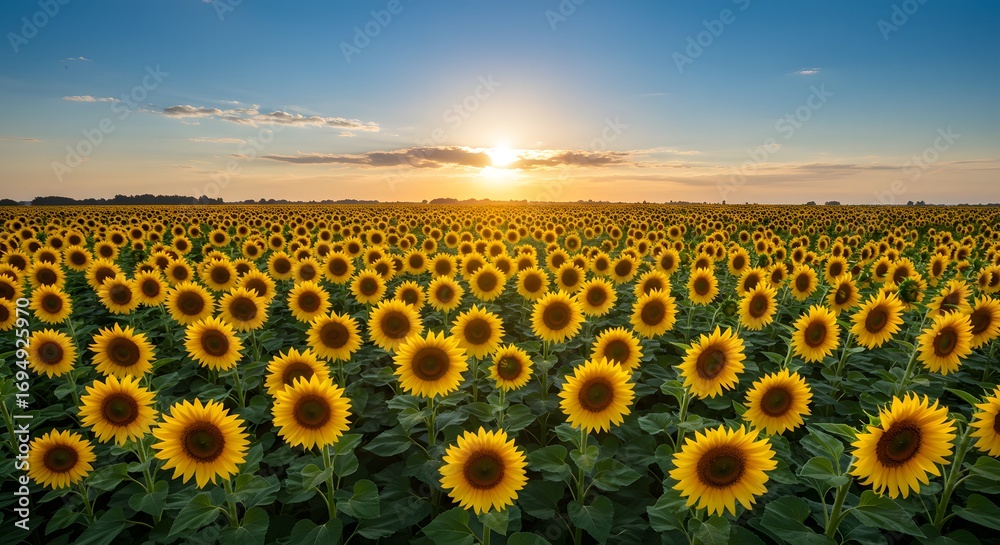 Fototapeta premium Sunflower field under a vibrant sky at sunset with rows of yellow flowers stretching to the horizon