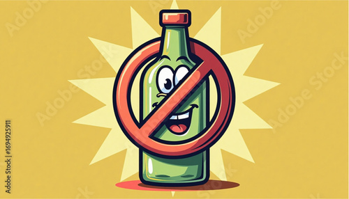 Cartoon illustration of smiling bottle with prohibition sign on bright yellow background


