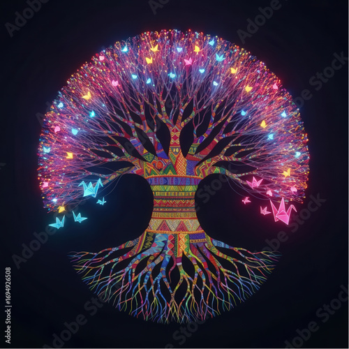 A luminous abstract tree of life with branches made of fiber-optic cables, trunk, and roots wrapped in African textile patterns, leaves glowing neon shaped like origami cranes.eps