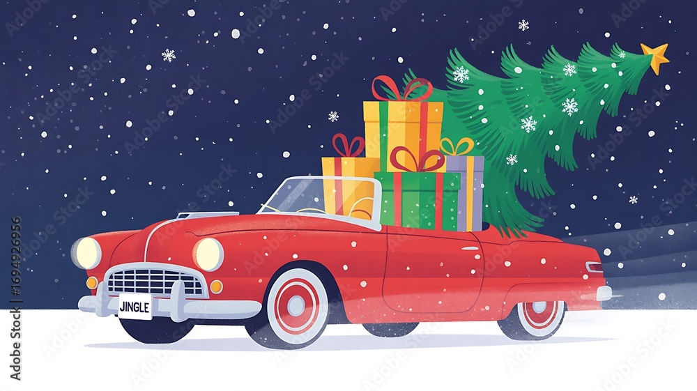 custom made wallpaper toronto digitalVintage Red Car Carrying Christmas Tree and Gifts Through Snowy Night Illustration