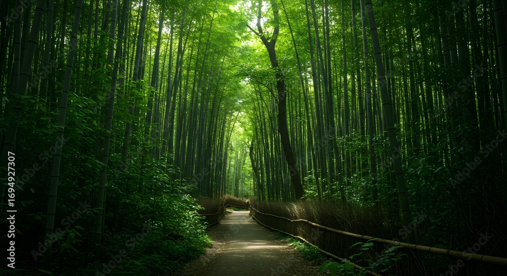 Obraz premium Pathway through a dense bamboo forest with a wooden fence on either side leading into the distance