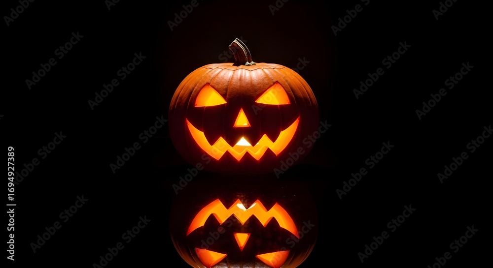 Fototapeta premium Glowing Jack-o'-lantern on black background; spooky, Halloween, autumn, dark, scary, reflective surface.