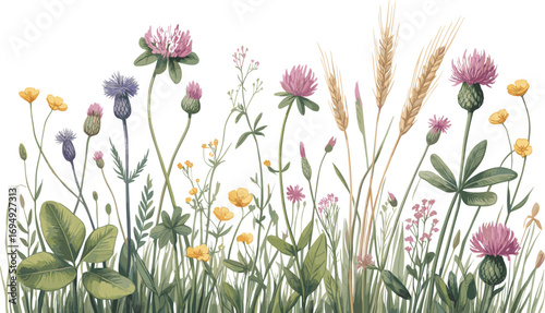 Wildflower meadow with thistles, clover, wheat stalks, yellow blossoms, green grass, botanical illustration, nature, summer garden, blooming plants, floral scene