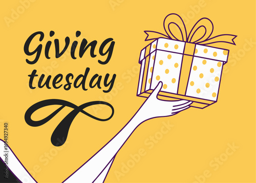 Giving Tuesday Illustration with Gift Box and Hand on Yellow Background for Social Media Post