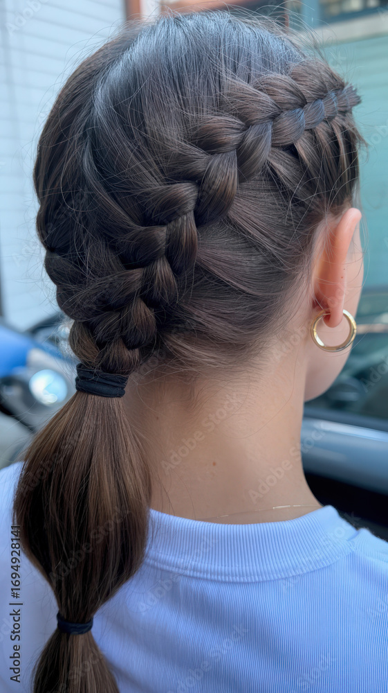 Naklejka premium A woman with a braided hairstyle and a ponytail wearing a white shirt and gold hoop earrings