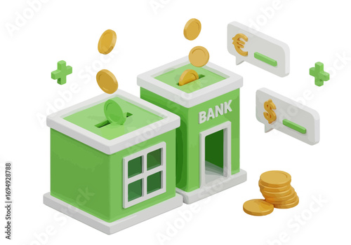 3d illustration of a bank building with coins falling into it, representing financial savings and investment