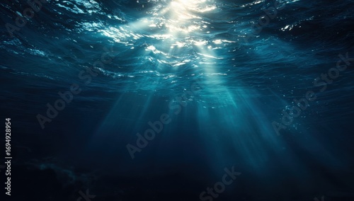 Sunbeams piercing dark ocean depths