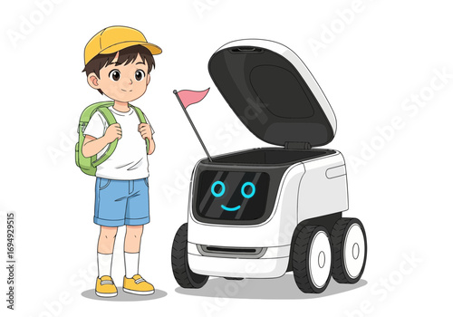 Vector art of a cute boy with a backpack stands next to a friendly delivery robot with a small flag