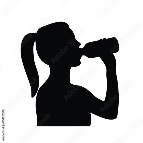 Silhouette of a woman drinking from a bottle against white background
