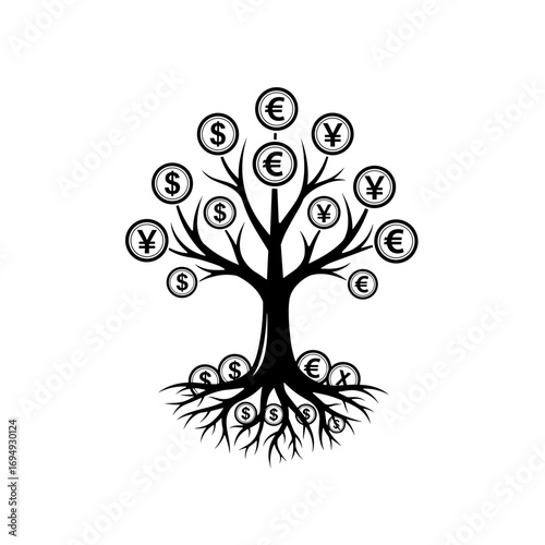 Growth tree with coins illustration on a transparent background