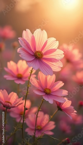 Soft, dreamy illustration of pink and orange flowers in a garden setting. Vibrant botanical scene with delicate petals, ideal for wallpaper or romantic designs. Macro view captures blossom detail.