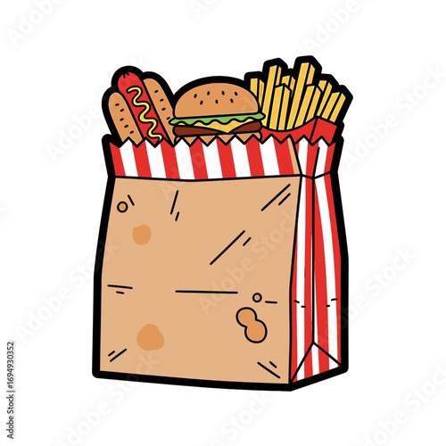 Cartoon illustration of a paper bag filled with fast food items like hot dogs, hamburgers, and french fries.