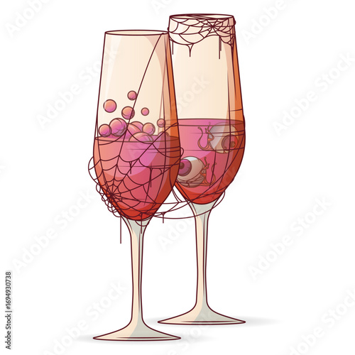 Vector illustration of two Halloween champagne glasses. Witch bubbling potion, drink and eyeballs. Decoration with cobwebs. Spooky holiday party concept. Halloween design.